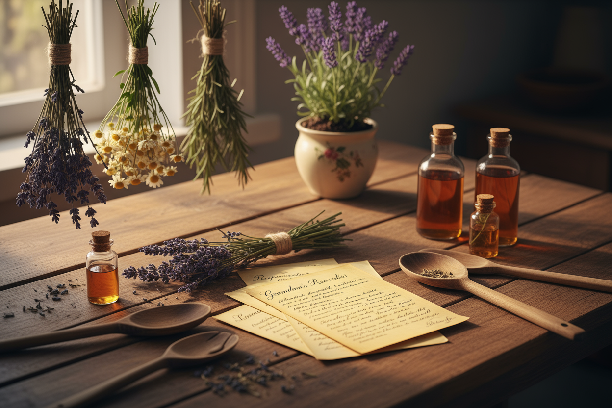 Ein gemütlicher Küchentisch mit getrockneten Kräutern, alten Rezeptzetteln, Holzlöffeln und Glasfläschchen – warmes, weiches Licht.
→ Stimmung: nostalgisch · familiär · herzensnah. 