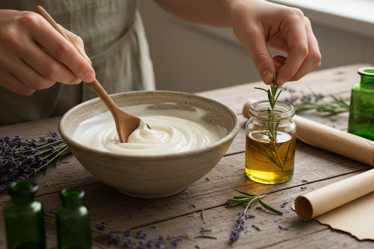 Nahaufnahme von Händen, die in einer Schale eine Creme verrühren oder frische Kräuter in Öl legen.
→ Stimmung: authentisch · handwerklich · sanft.