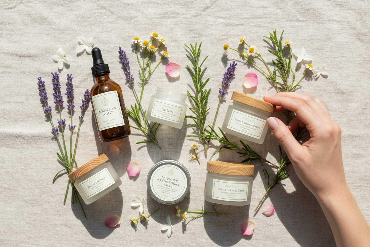 Ob Lippenbalsam, Kräutersalbe, Badeöl oder saisonale Wintercreme – jedes unserer Produkte trägt ein kleines Stück Tante Helga’s Kräuterwissen in sich.
Wir glauben, dass echte Schönheit aus der Verbindung von Natur

Bildvorschlag:
Ein heller Flatlay mit mehreren Produkten auf Leinenstoff, Kräuterzweigen und Blüten – vielleicht eine Hand, die ein Glas öffnet.
→ Stimmung: hell · ruhig · vertrauensvoll · warm-ästhetisch.